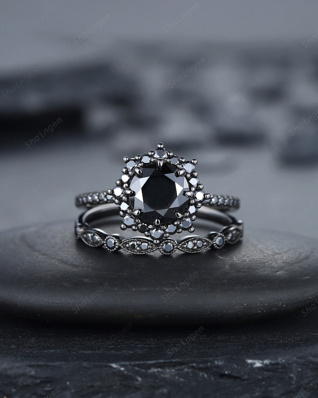 Vintage Round Black Moissanite Halo Engagement Ring Set, Black Gold Moissanite Promise Ring, Rhodium Black Bridal Set, Black Wedding Ring - ShainJewelry