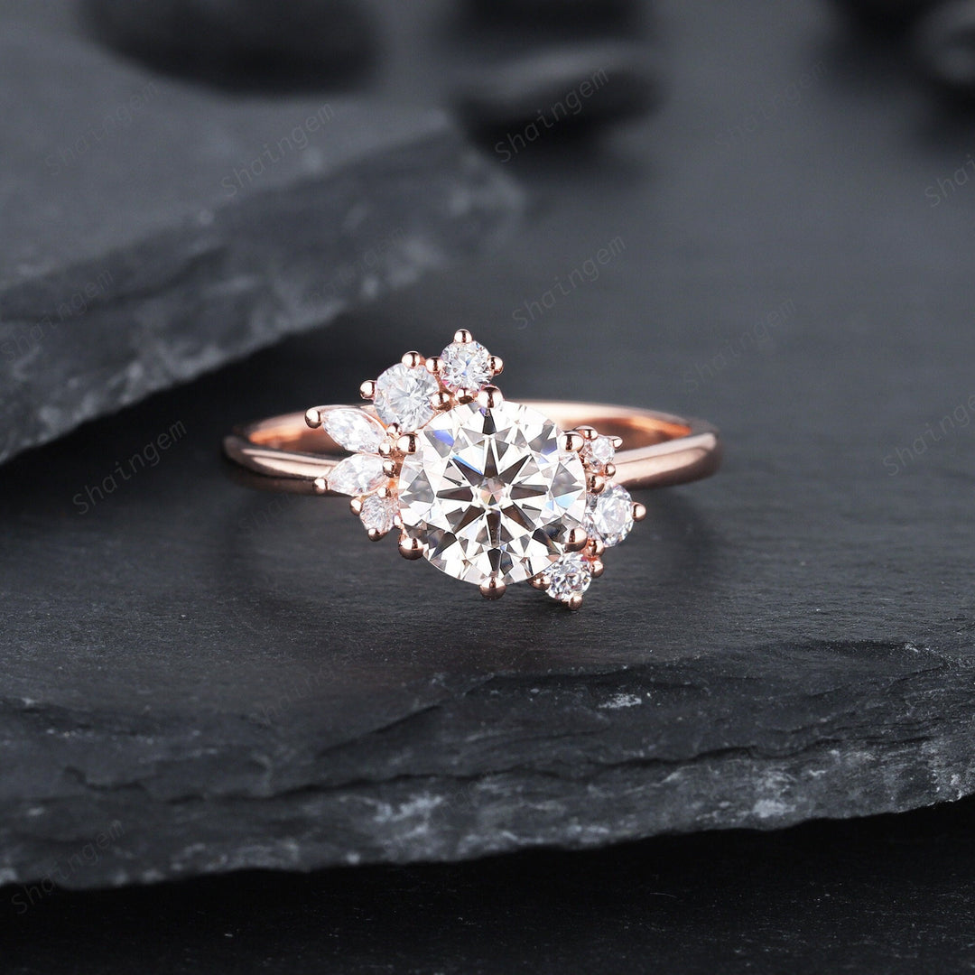 Vintage Round Moissanite Cluster Engagement Ring, 14K Rose Gold Moissanite Wedding Ring, Colorless Moissanite Promise Ring Gift for women - ShainJewelry