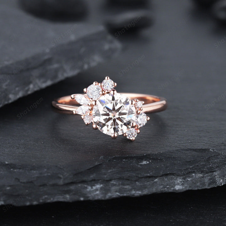 Vintage Round Moissanite Cluster Engagement Ring, 14K Rose Gold Moissanite Wedding Ring, Colorless Moissanite Promise Ring Gift for women - ShainJewelry
