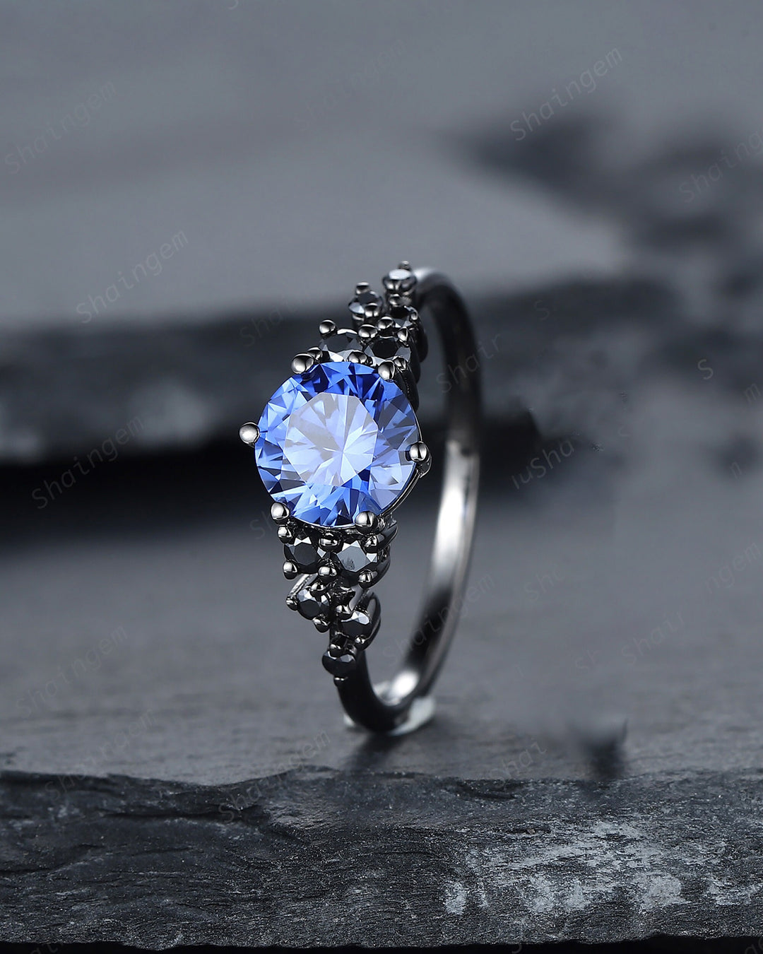 Vintage Black Gold Round Cornflower Blue Sapphire Engagement Ring, Blue Sapphire Wedding Set, Unique Dark Bridal Set, Black Promise Ring - ShainJewelry
