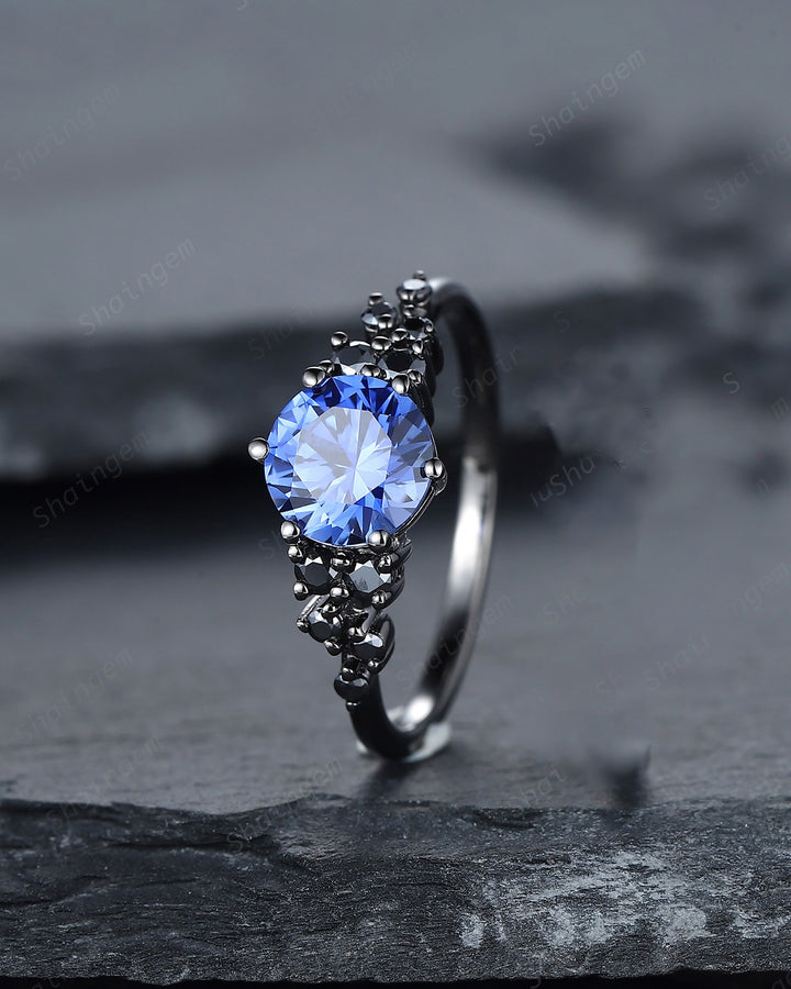 Vintage Black Gold Round Cornflower Blue Sapphire Engagement Ring, Blue Sapphire Wedding Set, Unique Dark Bridal Set, Black Promise Ring - ShainJewelry