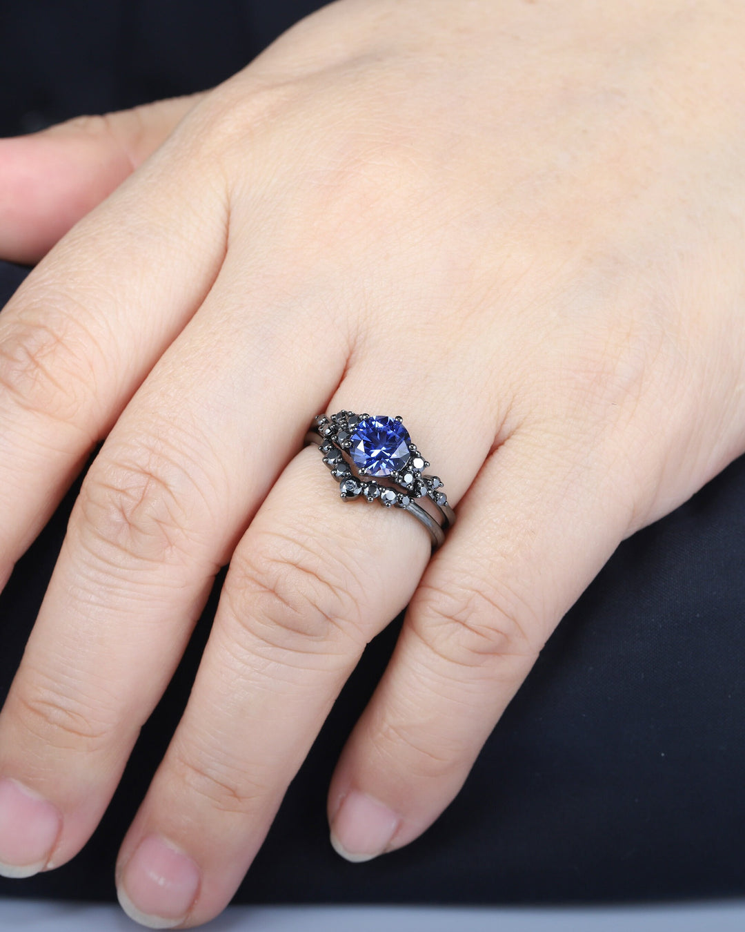 Vintage Black Gold Round Cornflower Blue Sapphire Engagement Ring, Blue Sapphire Wedding Set, Unique Dark Bridal Set, Black Promise Ring - ShainJewelry