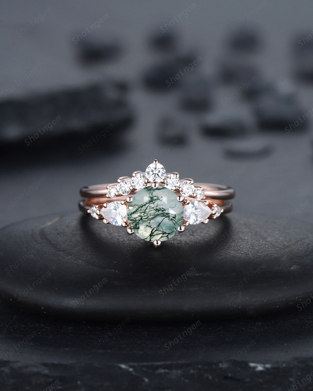 Vintage Round Moss Agate and Moissanite Engagement Ring Set, Unique Rose Gold Moss Agate Promise Ring Agate Bridal Set Anniversary Ring Gift - ShainJewelry