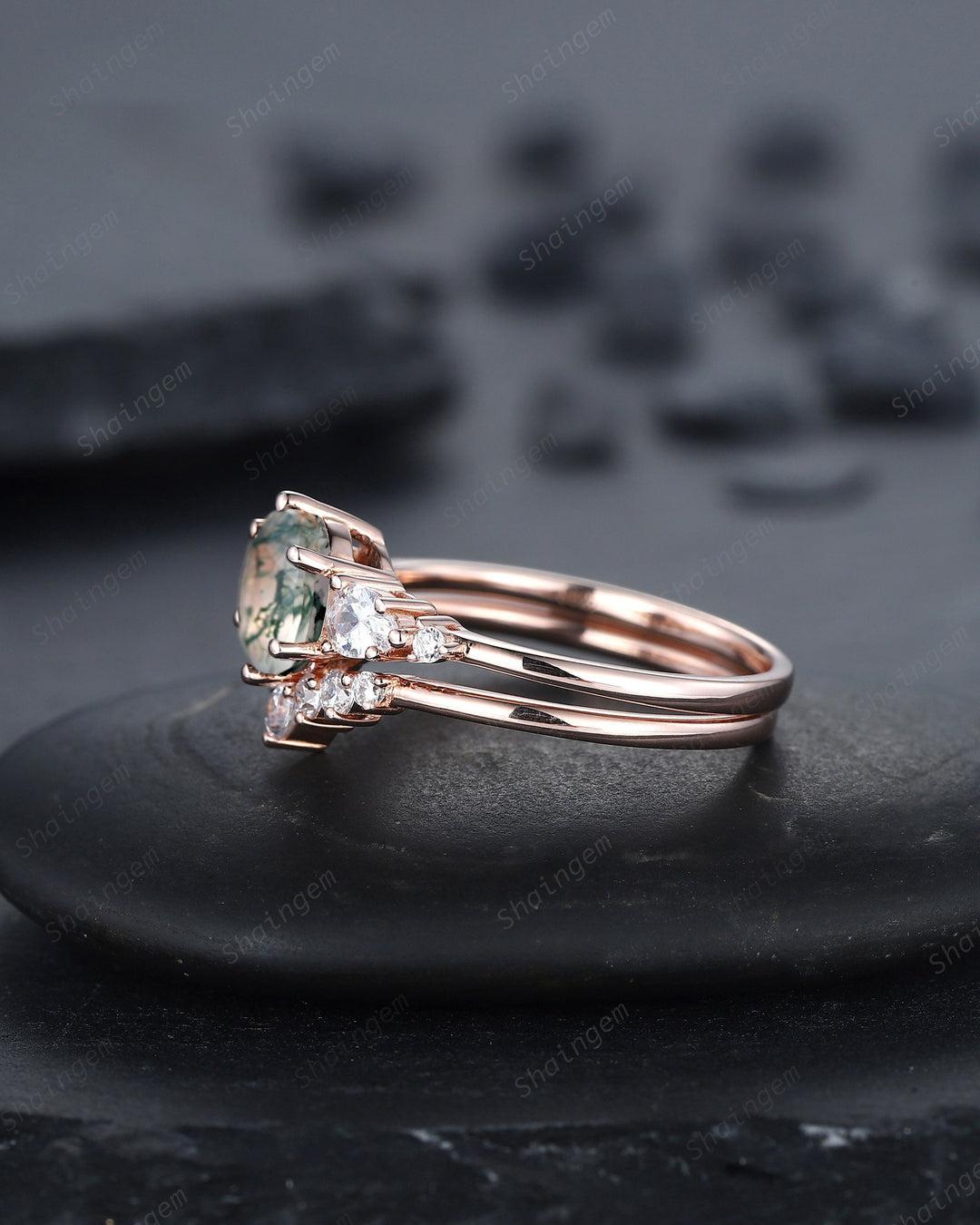 Vintage Round Moss Agate and Moissanite Engagement Ring Set, Unique Rose Gold Moss Agate Promise Ring Agate Bridal Set Anniversary Ring Gift - ShainJewelry