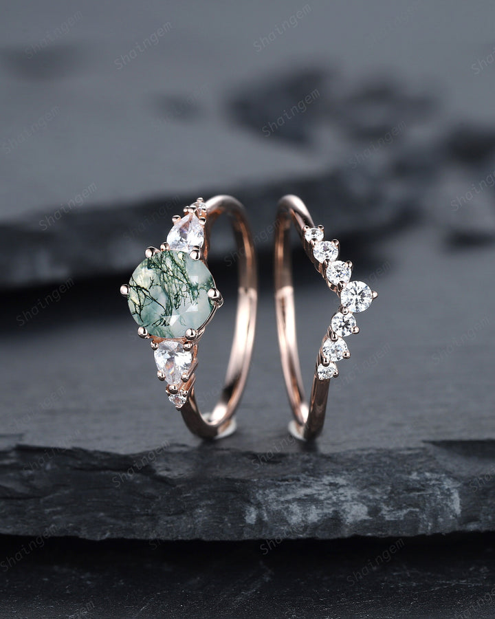 Vintage Round Moss Agate and Moissanite Engagement Ring Set, Unique Rose Gold Moss Agate Promise Ring Agate Bridal Set Anniversary Ring Gift - ShainJewelry
