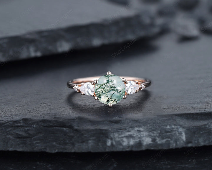 Vintage Round Moss Agate and Moissanite Engagement Ring Set, Unique Rose Gold Moss Agate Promise Ring Agate Bridal Set Anniversary Ring Gift - ShainJewelry