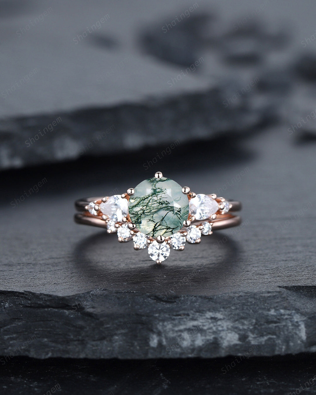Vintage Round Moss Agate and Moissanite Engagement Ring Set, Unique Rose Gold Moss Agate Promise Ring Agate Bridal Set Anniversary Ring Gift - ShainJewelry