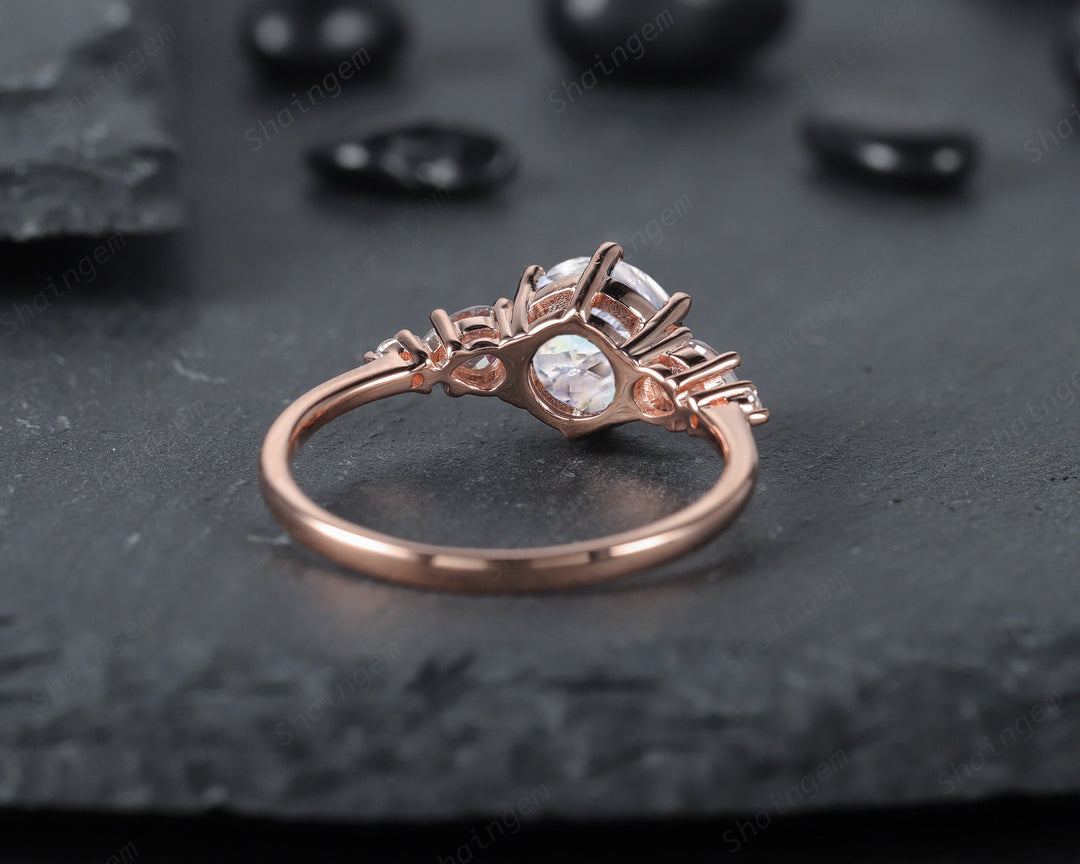 Vintage Round Shape Moonstone Engagement Ring, Unique 14k Rose Gold Pear Moissanite Promise Ring, Five Stone Wedding Ring Gift for her Gift - ShainJewelry