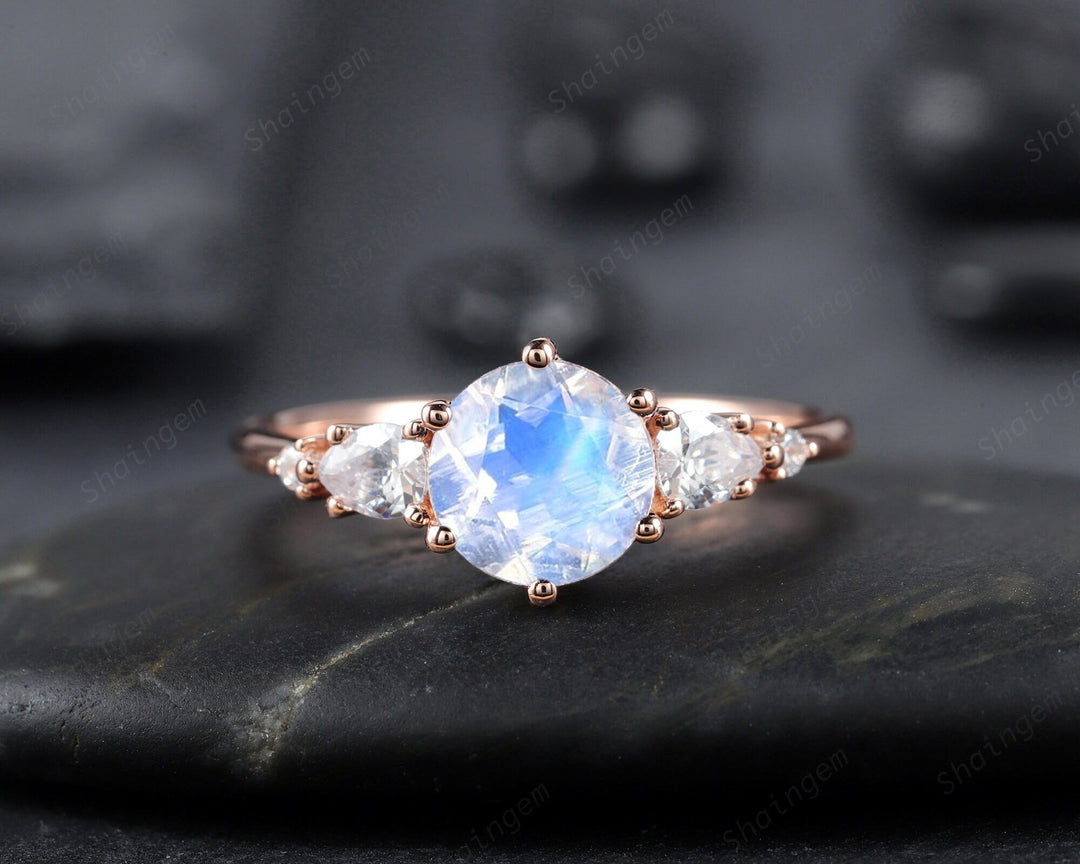 Vintage Round Shape Moonstone Engagement Ring, Unique 14k Rose Gold Pear Moissanite Promise Ring, Five Stone Wedding Ring Gift for her Gift - ShainJewelry