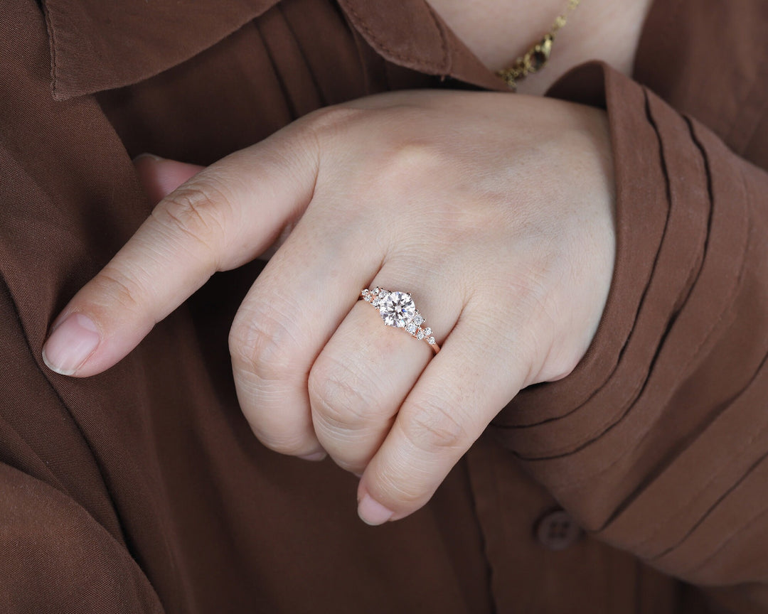 1.2CT Unique Round Cluster Moissanite Ring Diamond Engagement Ring, 14K Rose Gold Moissanite Promise Wedding Anniversary Ring Gift For Women - ShainJewelry