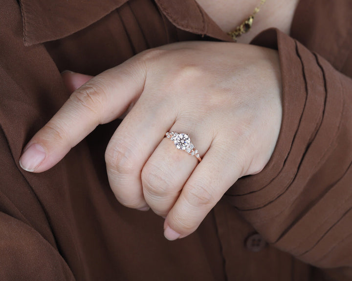 1.2CT Unique Round Cluster Moissanite Ring Diamond Engagement Ring, 14K Rose Gold Moissanite Promise Wedding Anniversary Ring Gift For Women - ShainJewelry
