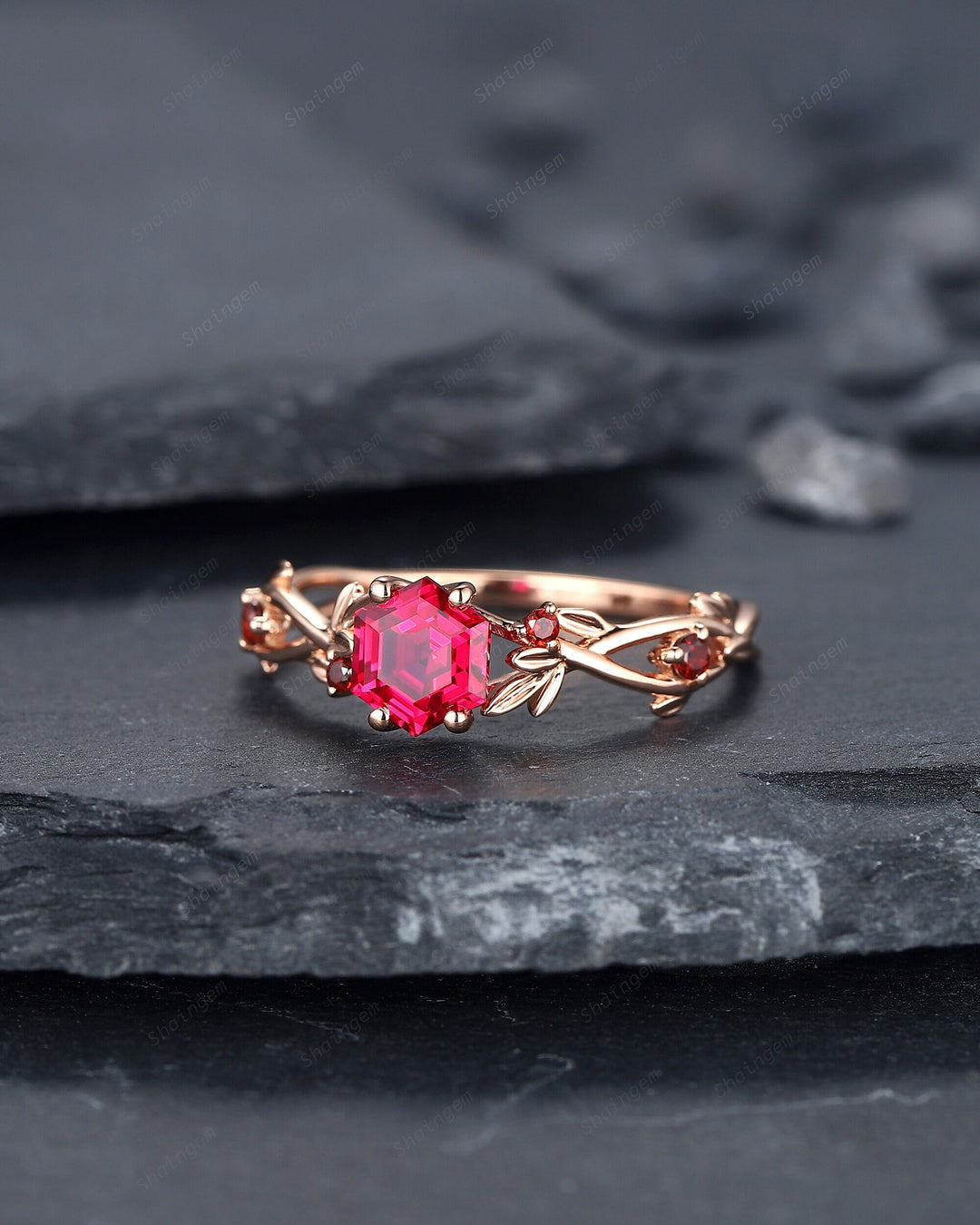 Vintage Hexagon Ruby and Garnet Engagement Ring, Unique Nature Inspired Leaf Ruby Bridal Ring, Garnet Promise Ring Rose Gold Wedding Ring - ShainJewelry