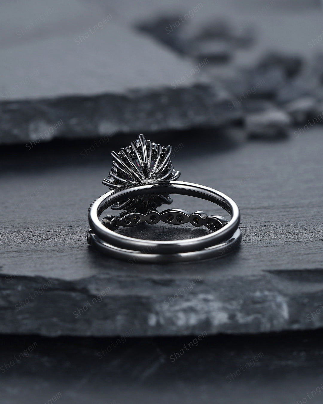 Gothic Black Oval Cut Alexandrite Halo Engagement Ring Set, Punk Black Gold Promise Ring Unique Rhodium Black Moissanite Bridal Set for her - ShainJewelry