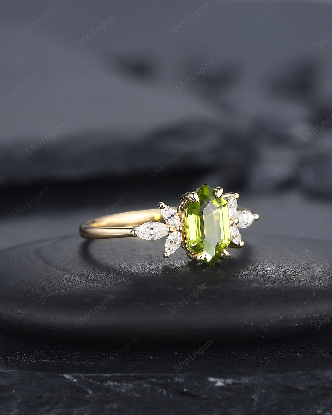 Vintage Long Hexagon Peridot Engagement Ring, Unique 14K Gold Cluster Peridot Wedding Ring, Marquise Moissanite Promise Ring Gift For her - ShainJewelry
