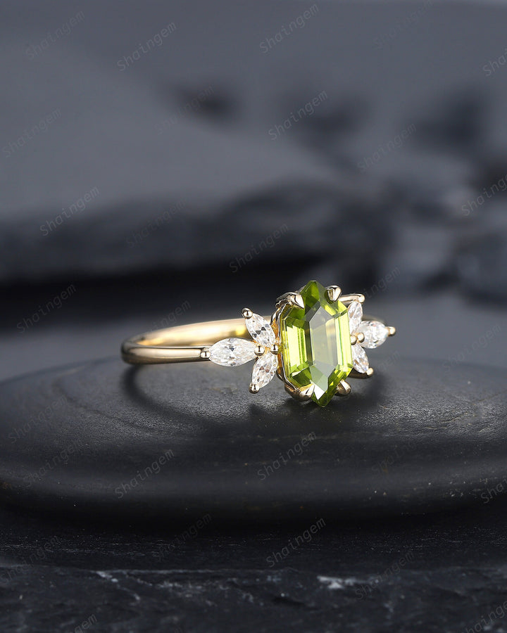 Vintage Long Hexagon Peridot Engagement Ring, Unique 14K Gold Cluster Peridot Wedding Ring, Marquise Moissanite Promise Ring Gift For her - ShainJewelry