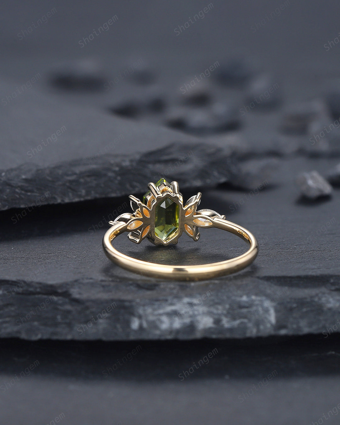 Vintage Long Hexagon Peridot Engagement Ring, Unique 14K Gold Cluster Peridot Wedding Ring, Marquise Moissanite Promise Ring Gift For her - ShainJewelry