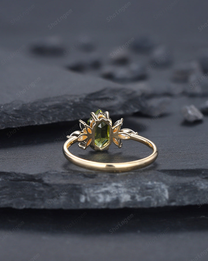 Vintage Long Hexagon Peridot Engagement Ring, Unique 14K Gold Cluster Peridot Wedding Ring, Marquise Moissanite Promise Ring Gift For her - ShainJewelry