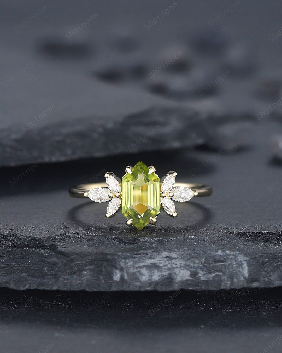 Vintage Long Hexagon Peridot Engagement Ring, Unique 14K Gold Cluster Peridot Wedding Ring, Marquise Moissanite Promise Ring Gift For her - ShainJewelry