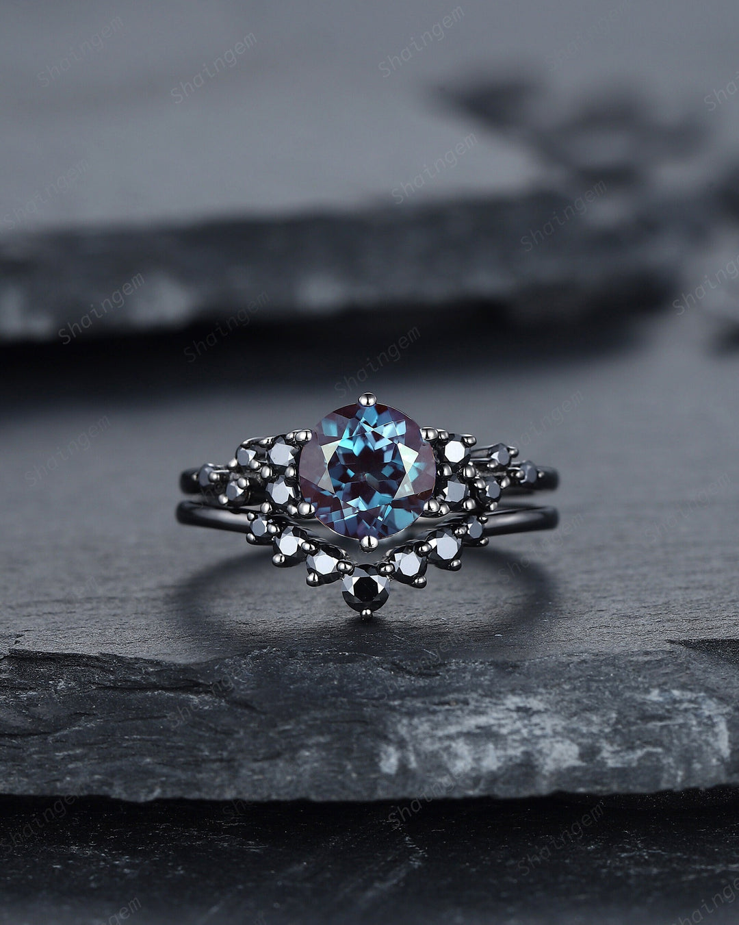 Vintage Black Gold Round Cut Alexandrite Engagement Ring, Rhodium Black Alexandrite Wedding Ring Set, Gothic Bridal Set, Black Promise Ring - ShainJewelry