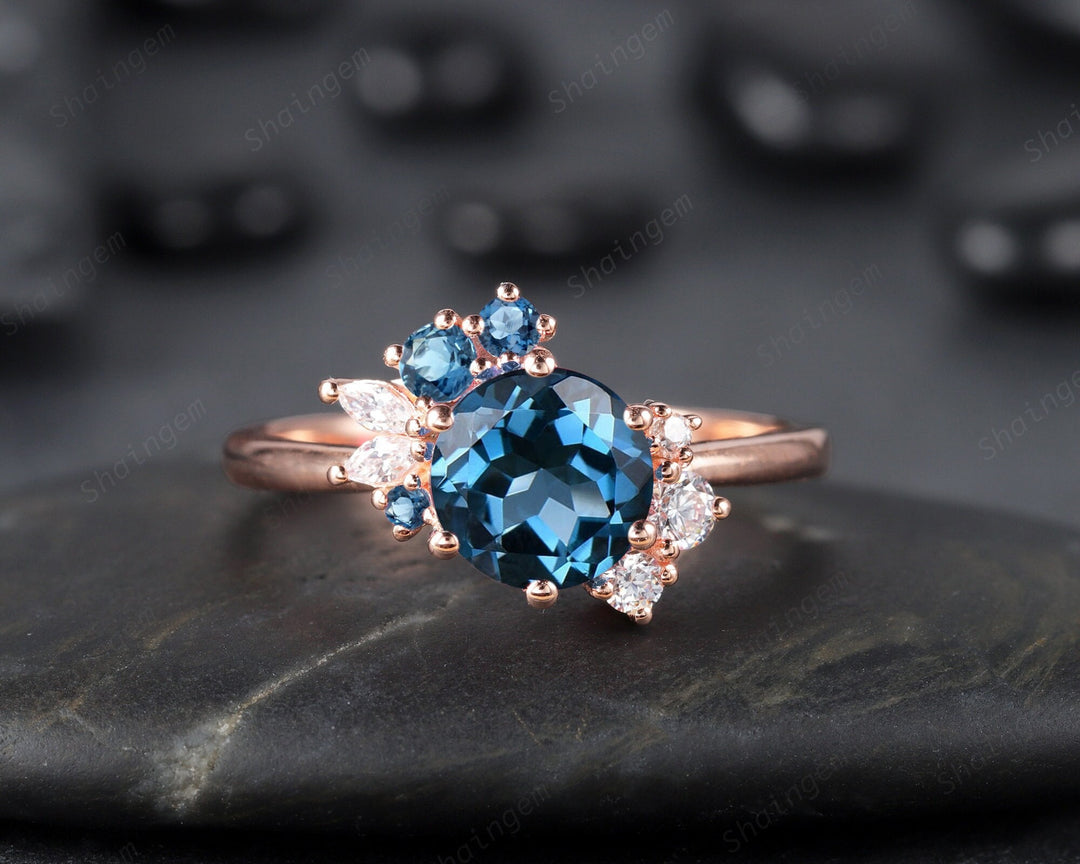 Vintage Round London Blue Topaz Cluster Engagement Ring, 14K Rose Gold Topaz Wedding Ring, Silver 925 Blue Topaz Promise Ring Gift for women - ShainJewelry