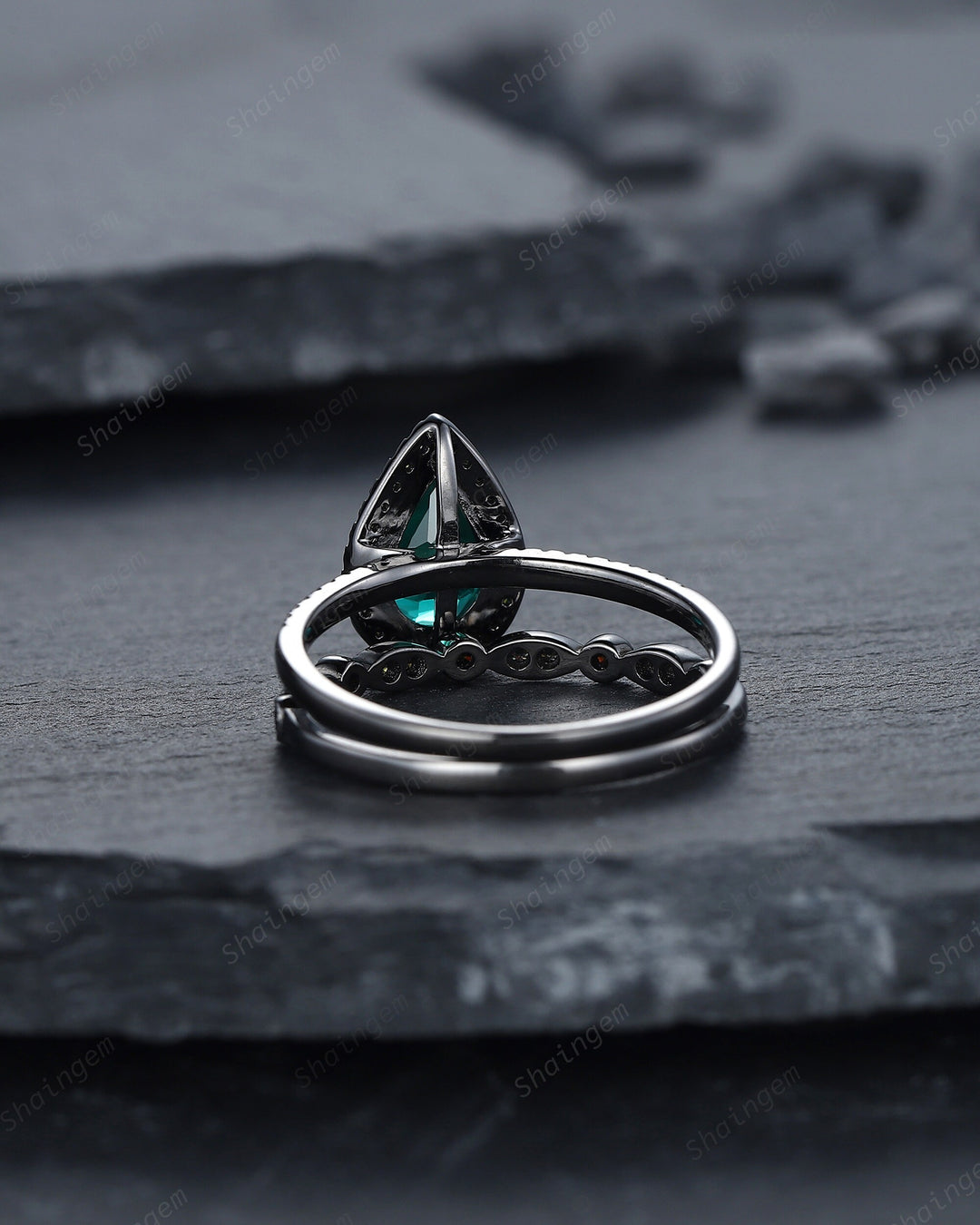 Vintage Pear Emerald Halo Engagement Ring Set, Black Gold Emerald Promise Ring Set, Rhodium Black Moissanite Bridal Set, Black Wedding Ring - ShainJewelry