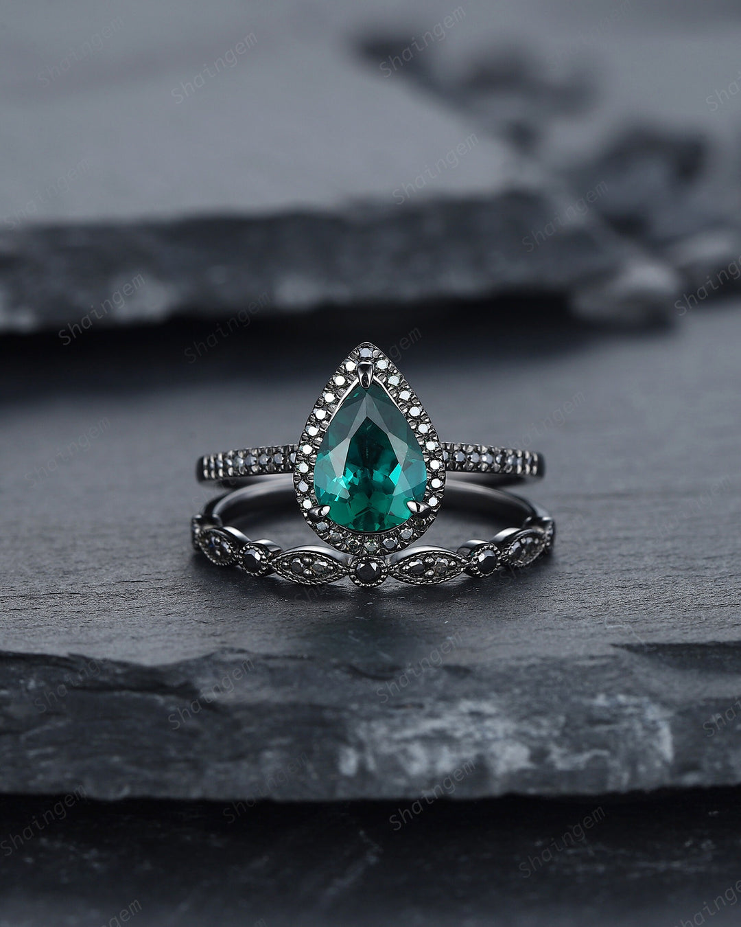 Vintage Pear Emerald Halo Engagement Ring Set, Black Gold Emerald Promise Ring Set, Rhodium Black Moissanite Bridal Set, Black Wedding Ring - ShainJewelry