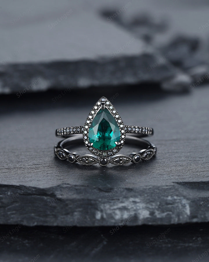 Vintage Pear Emerald Halo Engagement Ring Set, Black Gold Emerald Promise Ring Set, Rhodium Black Moissanite Bridal Set, Black Wedding Ring - ShainJewelry