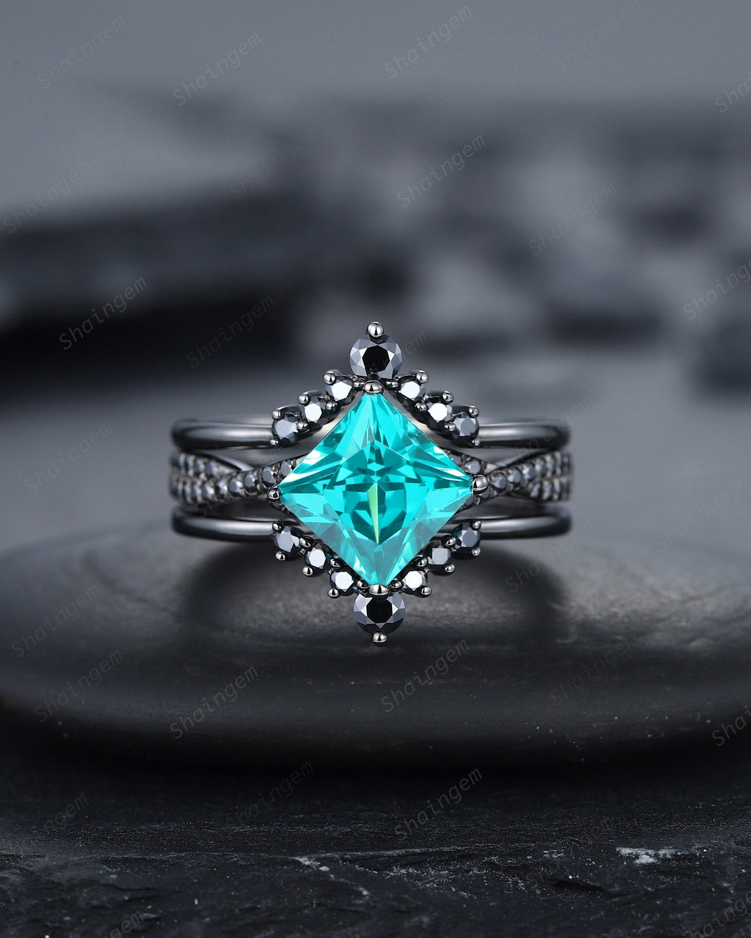 3PCS Princess Cut Neon Blue Paraiba Tourmaline Black Engagement Ring Set, Gothic Black Bridal Set, Black Wedding Promise Ring, Witchy Ring - ShainJewelry