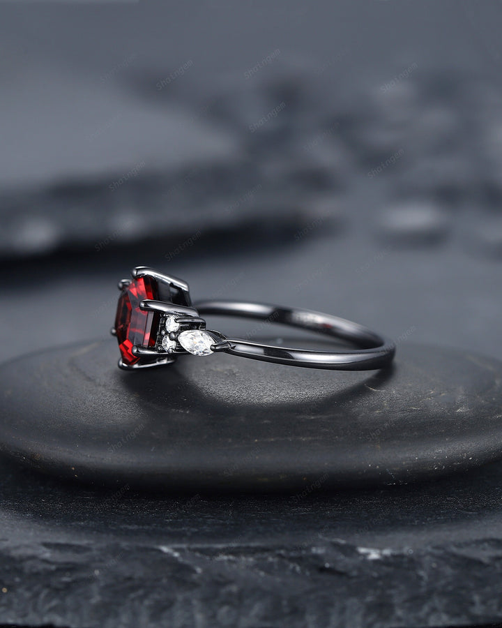 Vintage Black Gold Hexagon Garnet Engagement Ring, Rhodium Black Garnet Promise Ring, Black Anniversary Ring, Gothic Wedding Ring Gift - ShainJewelry