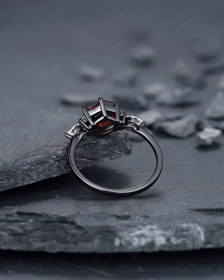 Vintage Black Gold Hexagon Garnet Engagement Ring, Rhodium Black Garnet Promise Ring, Black Anniversary Ring, Gothic Wedding Ring Gift - ShainJewelry