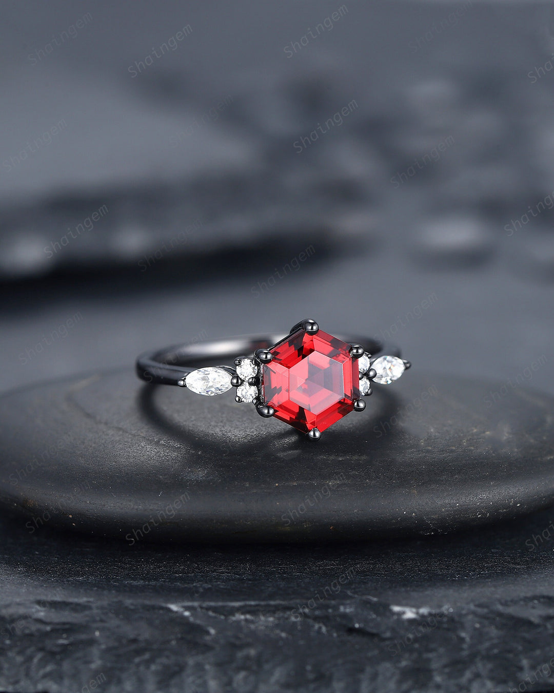 Vintage Black Gold Hexagon Garnet Engagement Ring, Rhodium Black Garnet Promise Ring, Black Anniversary Ring, Gothic Wedding Ring Gift - ShainJewelry