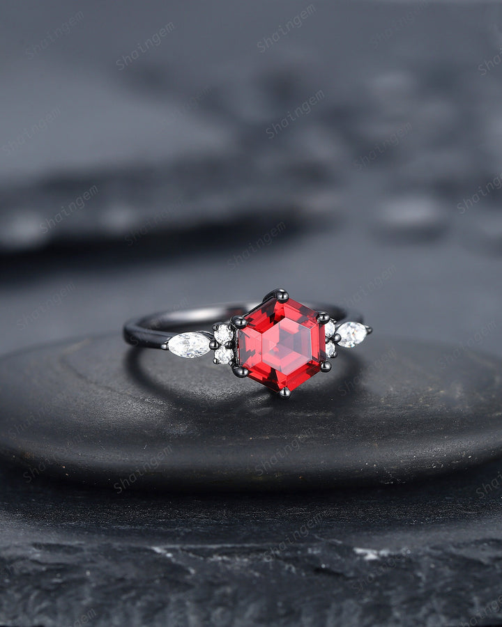 Vintage Black Gold Hexagon Garnet Engagement Ring, Rhodium Black Garnet Promise Ring, Black Anniversary Ring, Gothic Wedding Ring Gift - ShainJewelry