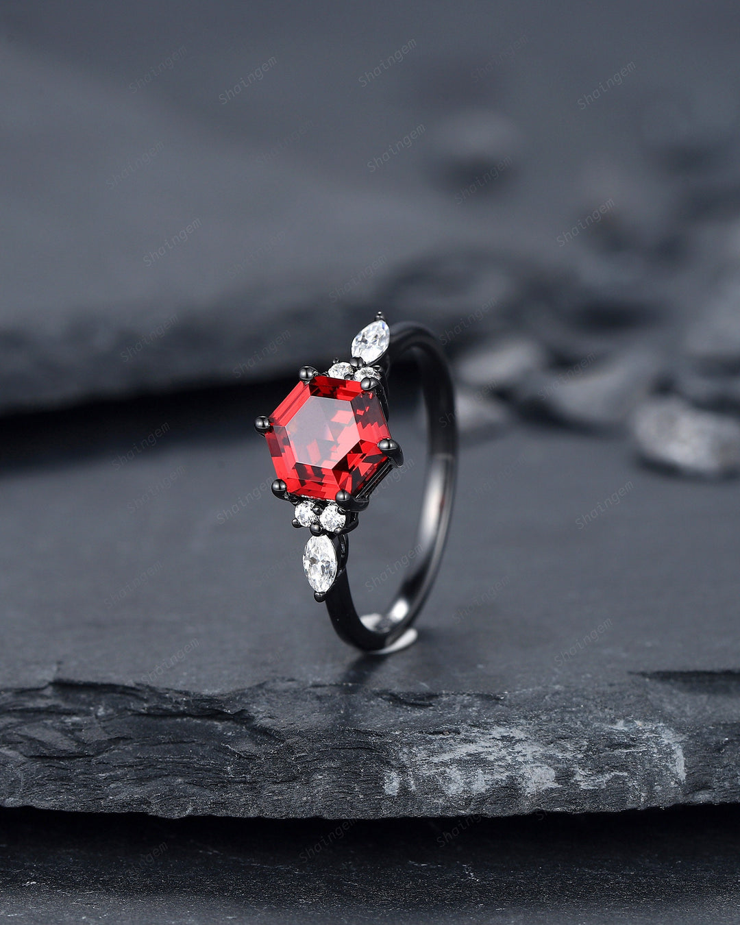 Vintage Black Gold Hexagon Garnet Engagement Ring, Rhodium Black Garnet Promise Ring, Black Anniversary Ring, Gothic Wedding Ring Gift - ShainJewelry