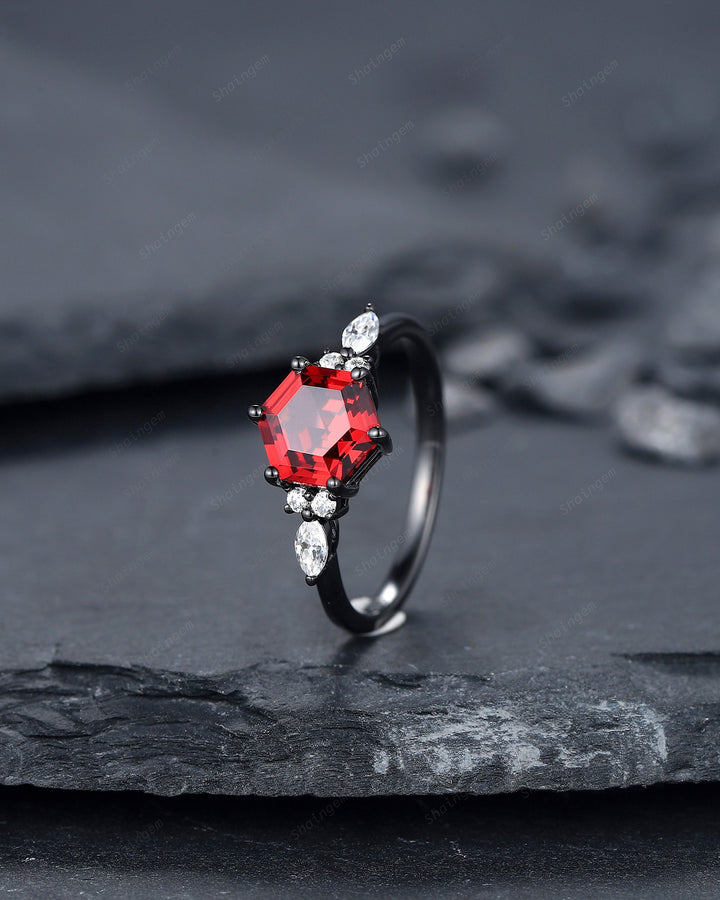 Vintage Black Gold Hexagon Garnet Engagement Ring, Rhodium Black Garnet Promise Ring, Black Anniversary Ring, Gothic Wedding Ring Gift - ShainJewelry