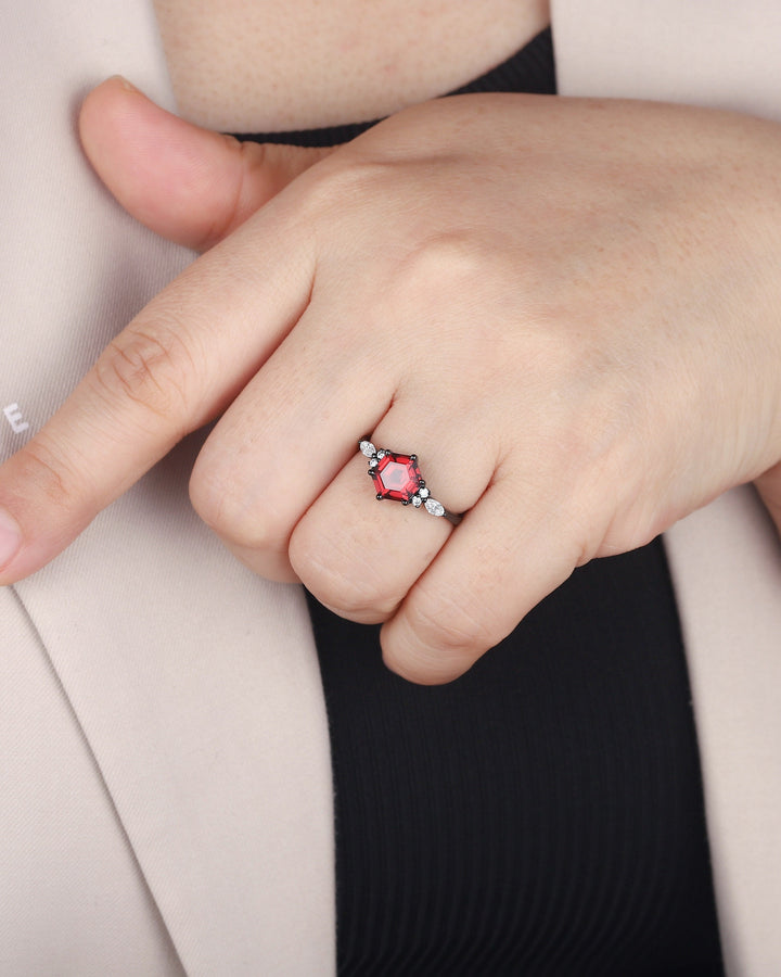 Vintage Black Gold Hexagon Garnet Engagement Ring, Rhodium Black Garnet Promise Ring, Black Anniversary Ring, Gothic Wedding Ring Gift - ShainJewelry