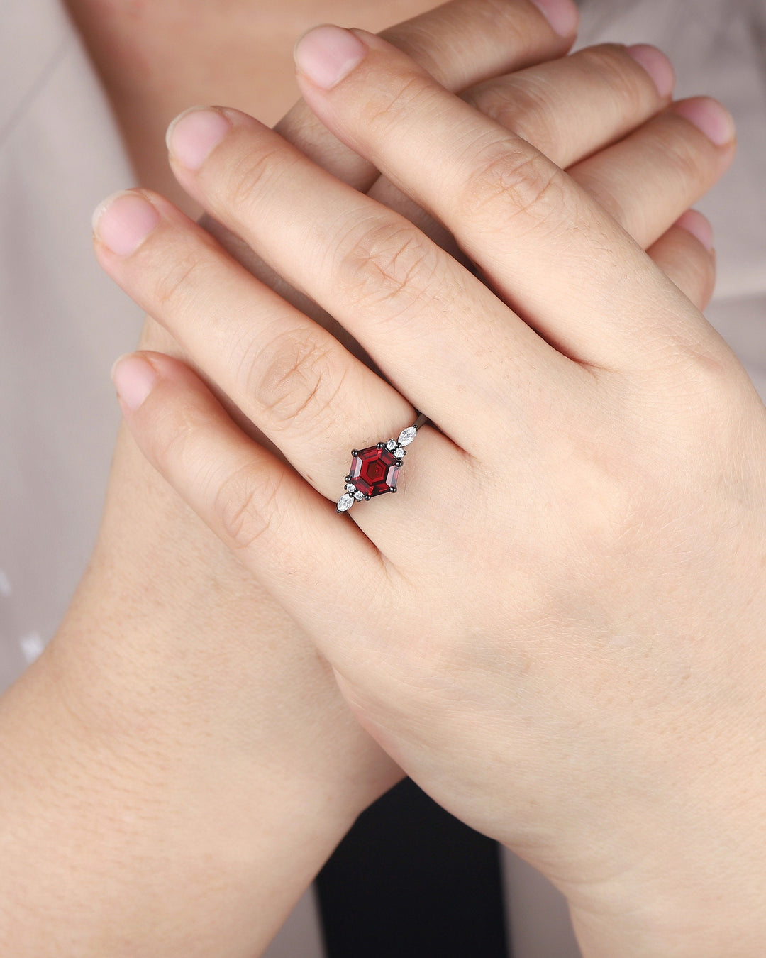 Vintage Black Gold Hexagon Garnet Engagement Ring, Rhodium Black Garnet Promise Ring, Black Anniversary Ring, Gothic Wedding Ring Gift - ShainJewelry