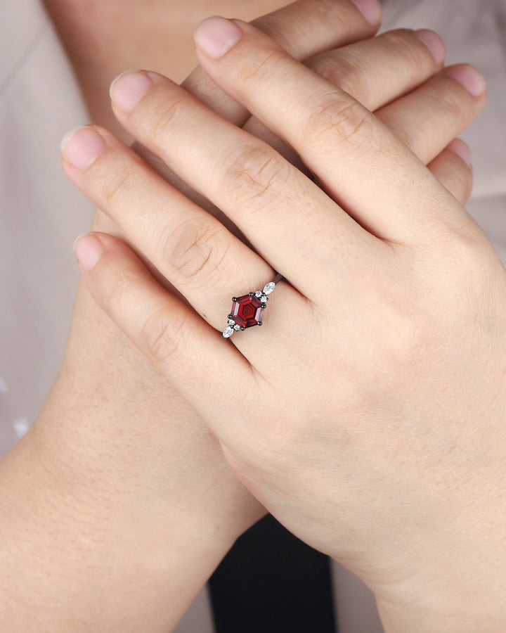 Vintage Black Gold Hexagon Garnet Engagement Ring, Rhodium Black Garnet Promise Ring, Black Anniversary Ring, Gothic Wedding Ring Gift - ShainJewelry