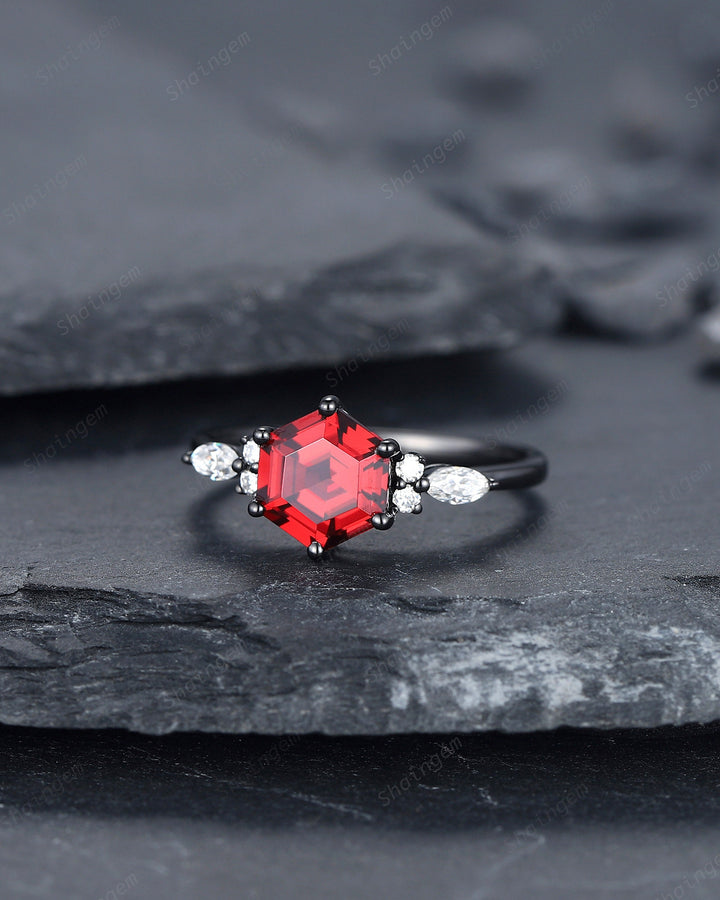 Vintage Black Gold Hexagon Garnet Engagement Ring, Rhodium Black Garnet Promise Ring, Black Anniversary Ring, Gothic Wedding Ring Gift - ShainJewelry