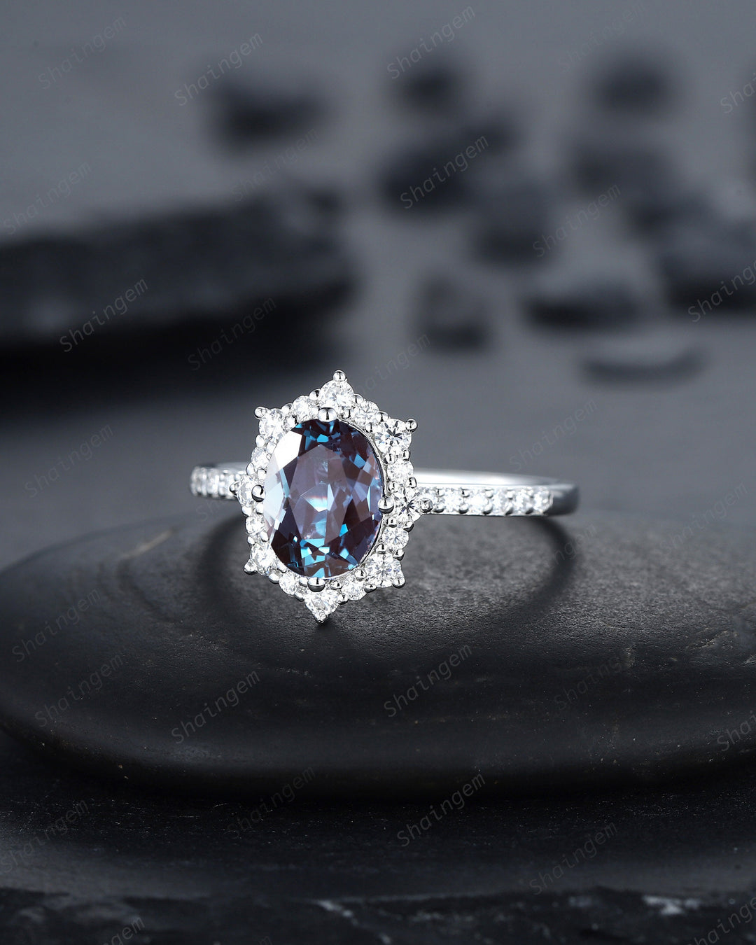 Vintage Oval Shape Alexandrite Engagement Ring, Unique 14K White Gold Floral Halo Wedding Promise Ring, Alexandrite Anniversary Ring Gift - ShainJewelry