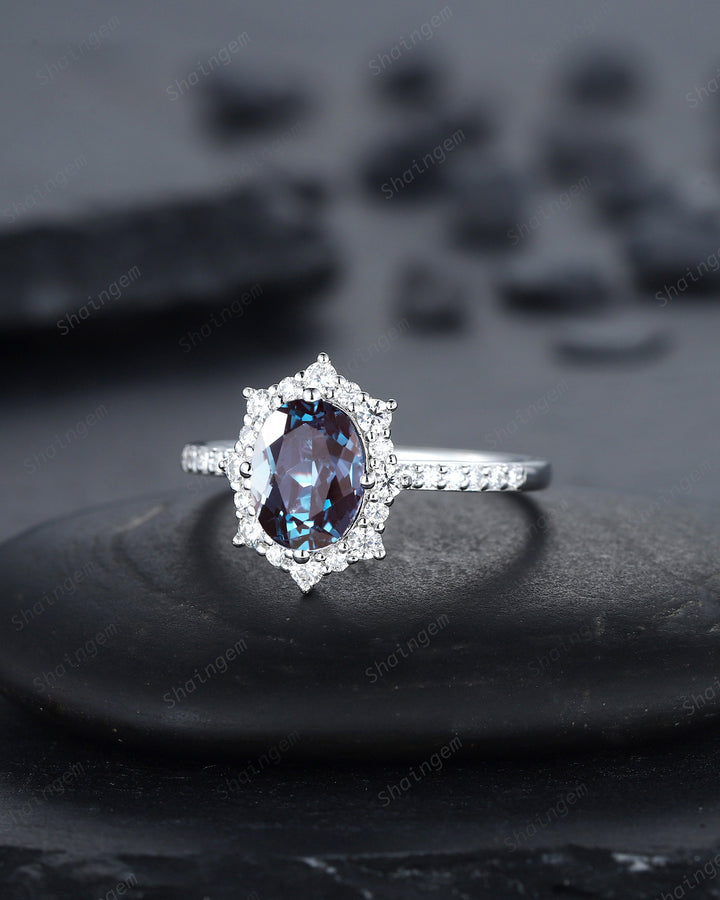 Vintage Oval Shape Alexandrite Engagement Ring, Unique 14K White Gold Floral Halo Wedding Promise Ring, Alexandrite Anniversary Ring Gift - ShainJewelry