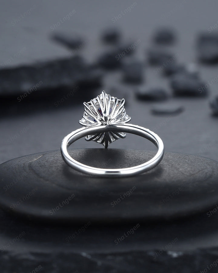 Vintage Oval Shape Alexandrite Engagement Ring, Unique 14K White Gold Floral Halo Wedding Promise Ring, Alexandrite Anniversary Ring Gift - ShainJewelry