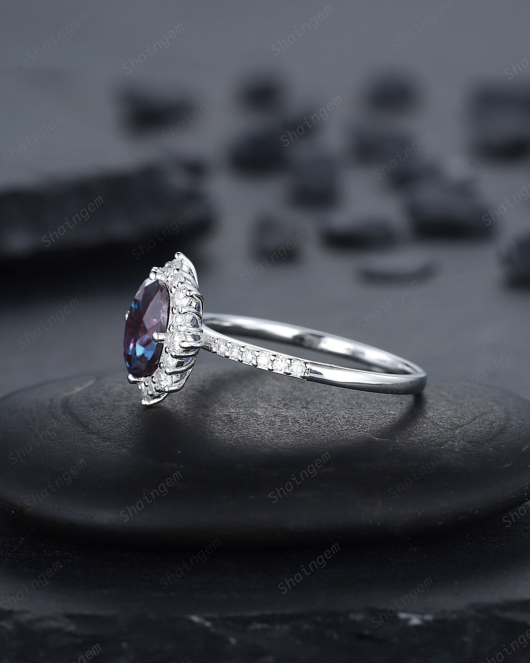 Vintage Oval Shape Alexandrite Engagement Ring, Unique 14K White Gold Floral Halo Wedding Promise Ring, Alexandrite Anniversary Ring Gift - ShainJewelry