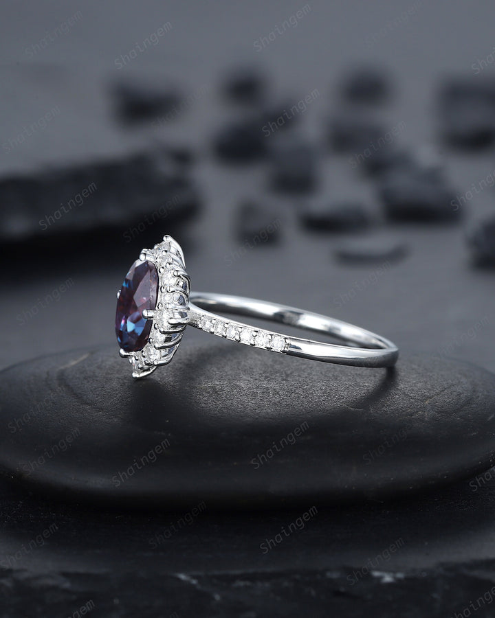 Vintage Oval Shape Alexandrite Engagement Ring, Unique 14K White Gold Floral Halo Wedding Promise Ring, Alexandrite Anniversary Ring Gift - ShainJewelry