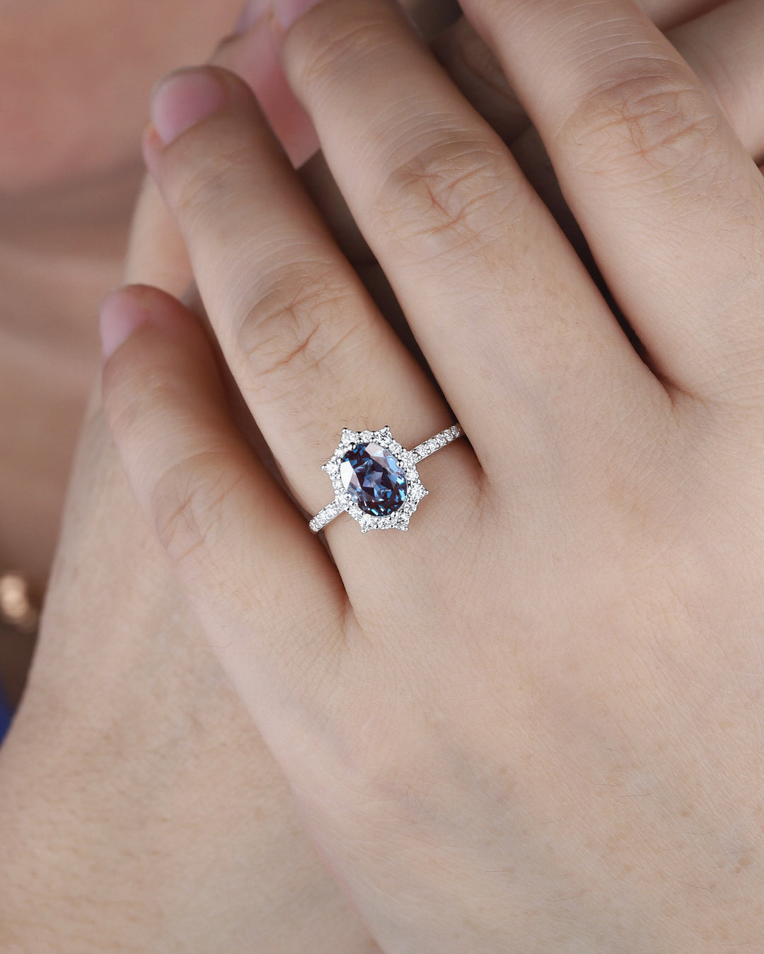 Vintage Oval Shape Alexandrite Engagement Ring, Unique 14K White Gold Floral Halo Wedding Promise Ring, Alexandrite Anniversary Ring Gift - ShainJewelry