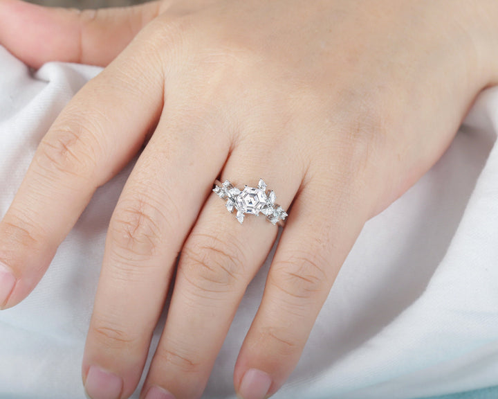Vintage Hexagon Moissanite and Diamond Engagement Ring, 14K 18K White Gold Moissanite Leaf Promise Ring, Twig Branch Moissanite Wedding Ring - ShainJewelry