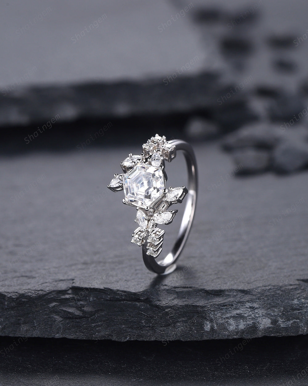 Vintage Hexagon Moissanite and Diamond Engagement Ring, 14K 18K White Gold Moissanite Leaf Promise Ring, Twig Branch Moissanite Wedding Ring - ShainJewelry