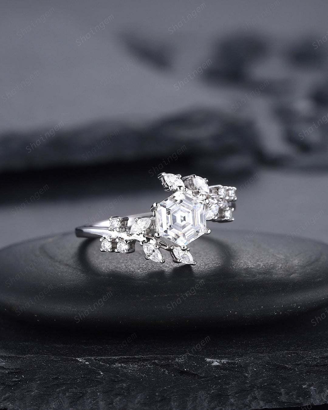 Vintage Hexagon Moissanite and Diamond Engagement Ring, 14K 18K White Gold Moissanite Leaf Promise Ring, Twig Branch Moissanite Wedding Ring - ShainJewelry