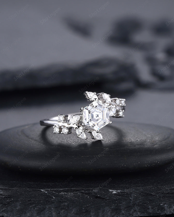Vintage Hexagon Moissanite and Diamond Engagement Ring, 14K 18K White Gold Moissanite Leaf Promise Ring, Twig Branch Moissanite Wedding Ring - ShainJewelry