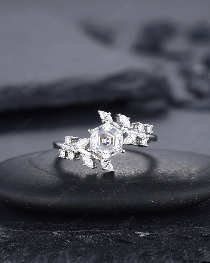 Vintage Hexagon Moissanite and Diamond Engagement Ring, 14K 18K White Gold Moissanite Leaf Promise Ring, Twig Branch Moissanite Wedding Ring - ShainJewelry