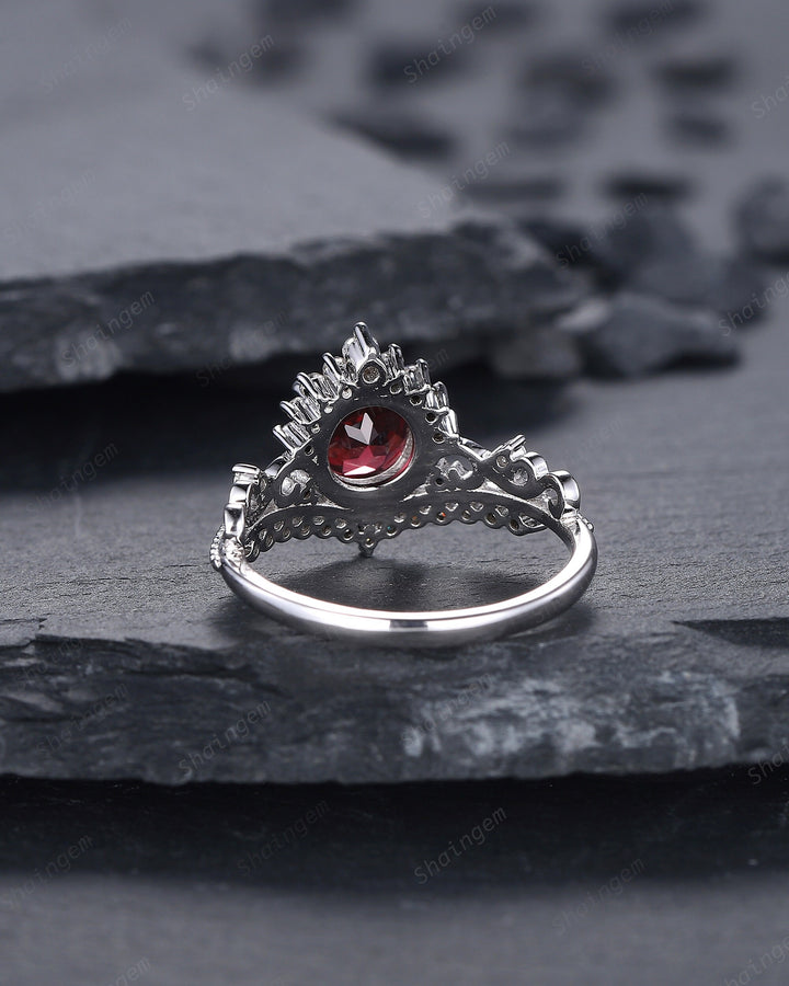 Vintage Round Rhodolite Garnet and Diamond Engagement Ring, Unique 14K White Gold Crown Garnet Wedding Ring, Art Deco Garnet Promise Ring - ShainJewelry